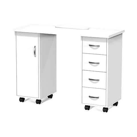LEADZM Manicure Table Nail Desk w/Cabinet, Drawers, Wheels & Arm Rest, Spa Salon Beauty Home Wooden Technician Workstation Nail Art Equipment for Nail Tech, 43.3" L x 31.5" H x 17.7" W, White Cover
