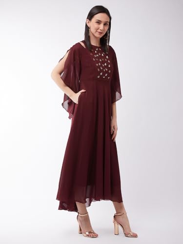 Image of Miss Chase Women's Round Neck Sleeve Embellished Fit Flare Maxi Dress