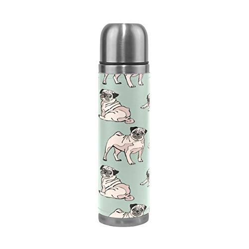 BKEOY Thermosflasche für unterwegs, vakuumisoliert, Edelstahl, doppelwandig, auslaufsicher, Mops-Motiv, personalisierbar, bedruckt, echtes Leder, 500 ml