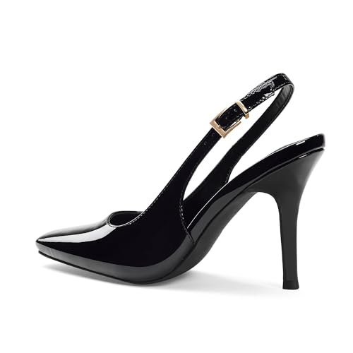 Elisabet Tang Women's Slingback High Heels, Square Toe with Metal Buckle, Sexy Slip on Patent Leather 3.4 Inch Stiletto Pumps for Wedding and Party Styles3