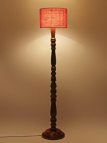 Image of Jute Modern Floor Lamp with Wooden Base - Height 56 Inches | Modern & Fashionable Standing Lamp for Living Room, Bedroom & Office | Stylish Home Decor Lighting in Elegant Pink Shade