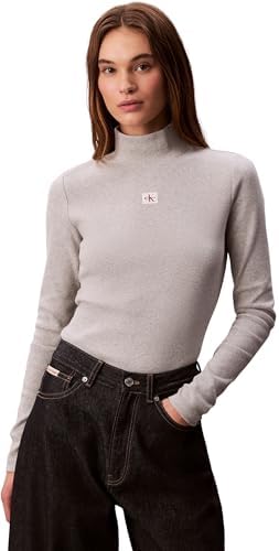 Calvin Klein Ls Woven Label 2X2 Baby Rib Turt Kadın Tişört, Gri, S