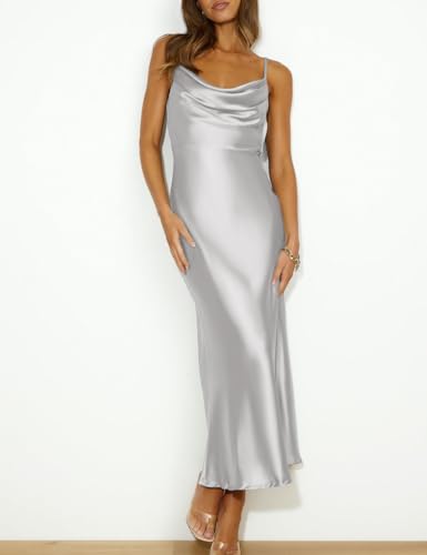 Image of Summer Satin Spaghetti Strap Cowl Neck Backless Midi Dresses for Women Elegant Tie Low Back Ruched Cocktail Dress
