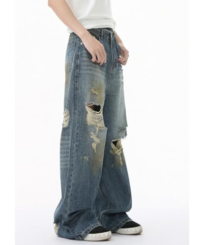 Men's Wide Leg Jeans Mid-Rise Casual Ripped Vintage Dyed Straight Floor-Mopping Denim Trousers with Pockets4