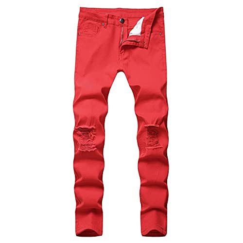 Herren Slim Fit Stretch Jeans Zerrissene Röhrenjeans for Herren, Distressed Straight Leg Fashion Comfort Flex Waist Pants (Color : Rouge, Size : 33)