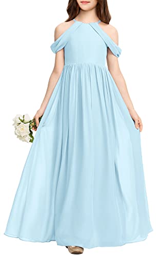 Galawaqe Girls Chiffon Junior Bridesmaid Dress Off-Shoulder Long Wedding Pageant Party Gowns 5-14 Years Blue #TOP1