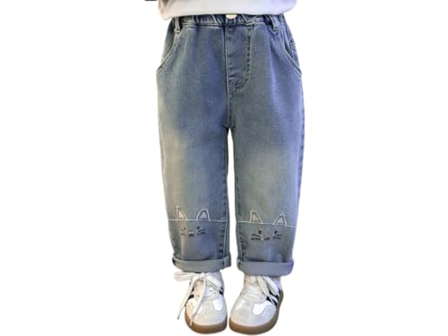 Girls Jeans Stretch Elastic Waistband Pockets Cute Printed Straight Pants Casual Fashion Outdoor Breathable Children's
