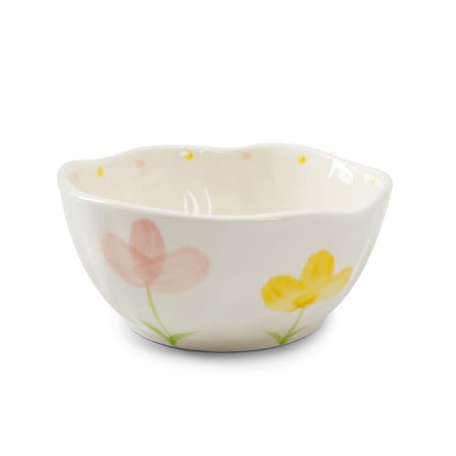 Koythin Pink Yellow Tulip Ceramic Bowl, Floral Salad Soup Serving Bowl