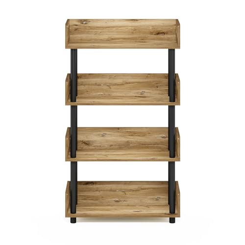 Image of Furinno TURN-N-TUBE 4-Tier Display Shelf, Storage Shelves, Book Shelf, Open Shelves with Rounded Corner Top Edges, for Organization and Storage, Living Room, Home Office, Flagstaff Oak