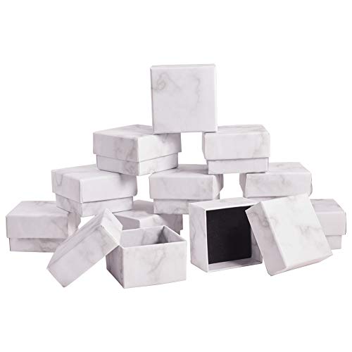 BENECREAT 24 Pack Small Square Kraft Ring Earring Box 1.96x1.96x1.18 Inches Marble White Cardboard Jewelry Gift Boxes for Valentine