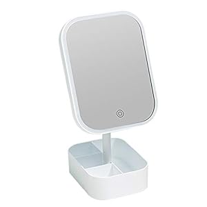 Espejo De Maquillaje LED con Caja De Almacenamiento, Luz Fría/Luz Natural/Luz Cálida + Soporte Ajustable De 360 Grados, Pantalla Táctil Y Carga USB