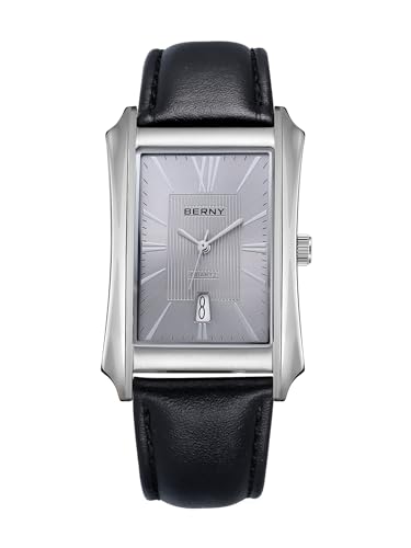 BERNY 腕時計メンズ メンズ腕時計 メンズウォッチ メンズ ビジネス カジュアル クォーツ時計 ステンレススチールケース レザーストラップ付き 長方形時計 男性用