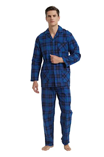 GLOBAL Men's 100% Cotton Flannel Pajamas Set Soft Warm 2pc Pjs For Men Button Fly&Elastic High Waist Loungewear Sleepwear
