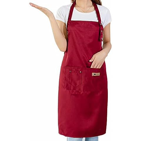 Aprons for Women Men, Adjustable Waterproof Aprons with Pockets Cooking Kitchen Aprons (Wine Red) Cover