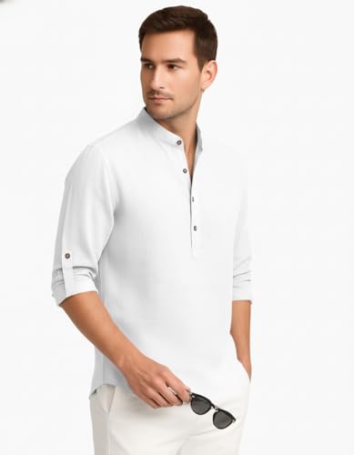 Image of Zombom Men's Cotton Blend Kurta Shirt with Full Sleeves Mandarin Collar Neck Solid Pattern for Men Regular Fit Ethnic Wear Casual Festive Top Modern Style | Cotton Shirt for Mens