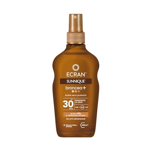 Ecran Sunnique - Aceite Protector Solar Broncea+ FPS 30, Protección Media UVB y UVA, Activa el Bronceado Natural, Sin Autobronceador, con Tecnología PureBronze, Resistente al Agua - 200 ml