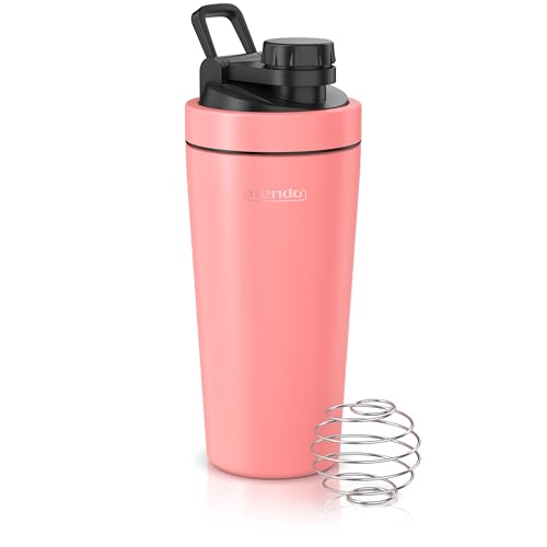 Arendo - Eiweiß Shaker Edelstahl 750ml, Protein Shaker mit Mixkugel, BPA frei, Mixbecher, Metall Premium Eiweißshaker, Tragegriff, Spülmaschinengeeignet, To Go für Yoga Fitness Sport, korall