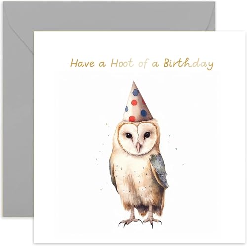 Old English Co. Have A Hoot Birthday Card for Her - Barn Owl Party Hat Birthday Card for Mum, Dad, D