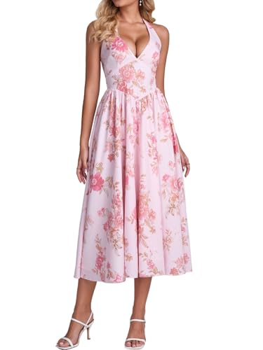 Image of Parthea Women's Gingham Halter V Neck Midi Dress Corset Smocked Sundress Flowy A Line Wedding Guest Dresses