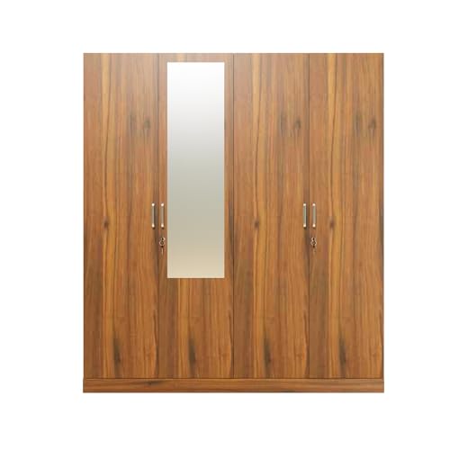 Image of VIKI Wardrobe | Wooden Almirah for Clothes,Door for Bedroom, 4 Door Wardrobe with Shelves, Mirror & Hanging Space (Brussel Walnut - 40D x 160W x 180H) | 1 Year Warranty | Free Assembly
