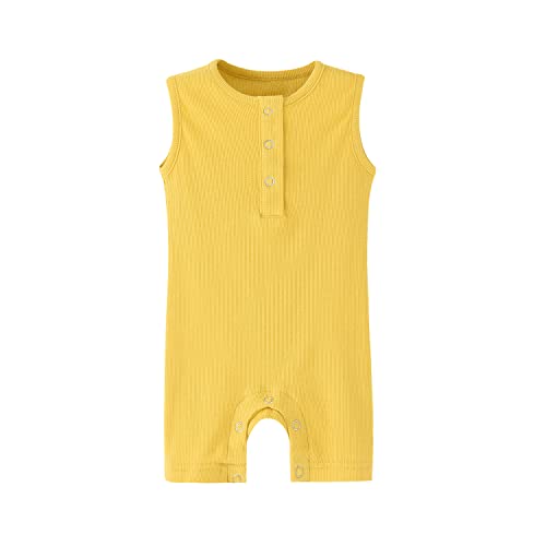 Image of Teach Leanbh Baby Romper Cotton Sleeveless Button Down One Piece Linen Jumpsuit Coverall 3-24 Months (Yellow, 3-6 Months)