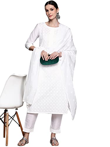 Image of ishin Women's Cotton White Embroidered A-Line Kurta & Trouser & Dupatta
