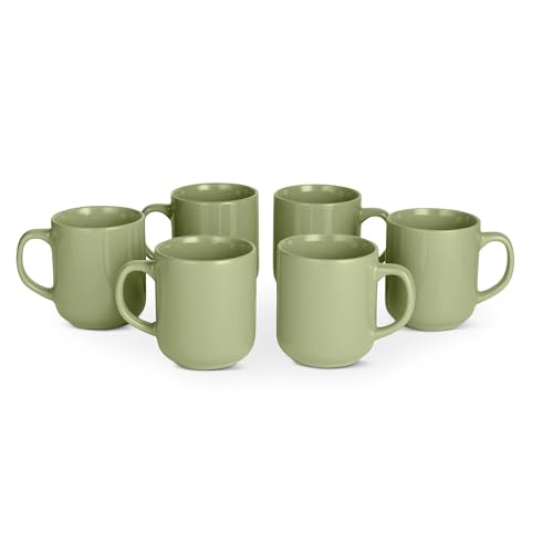 Amazon Basics Mugs en Grès Émaillé, Lot de 6 Pièces, 47,3cl, Compatible Micro-Ondes et Lave-Vaisselle, Couleur Olive