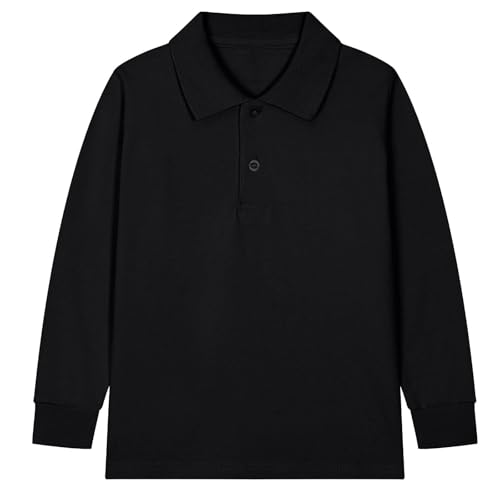 duxyoz Black Kids Long Sleeve Pique Polo Plain Casual School Shirts Childrens Polo Shirt Soft Jersey Uniform Tops Solid Color Performance Polos Button Down Lapel Collar T-Shirs Formal 14-15 Years
