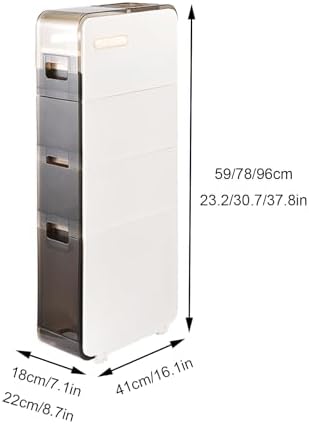 Slim Bathroom Storage Cabinet with Wheels, Freestanding Toilet Organizer, Waterproof Plastic Drawer Shelves, Large Capacity Tissue Box Holder (96x22x41cm)
