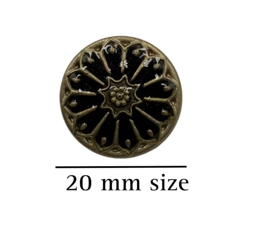 REENA Indo Western Gold Wheel Carving Designer Buttons - 10 Pc Beautiful Round Fancy Synthetic Black Resin PVC Material for Coats, Shirts, Blazers (Black Gold)