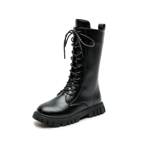Girls Lace Up Combat Boots Mid Calf PU Leather Riding Boots