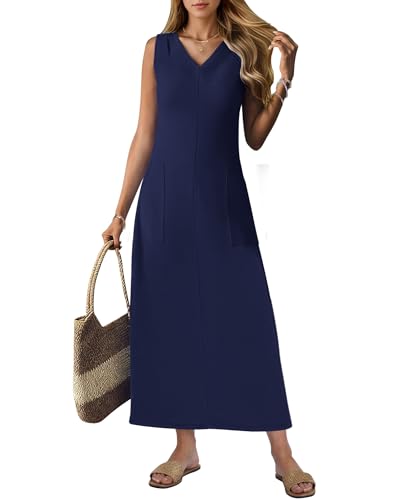 MISFAY Sleeveless Maxi Dress V-Neck Wrinkle-Free Sundress Navy Blue