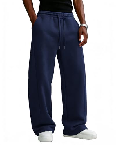 Image of Men's Baggy Sweatpants Cotton Fleece Wide Leg Lounge Sweat Pants Drawstring Waist Jogging Pants with Pockets