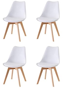 Baroni Home Set di 4 Sedie da Pranzo o Ufficio con Gambe in Legno, Sedia Ergonomica con Cuscino Integrato 57X48X79 cm Bianco