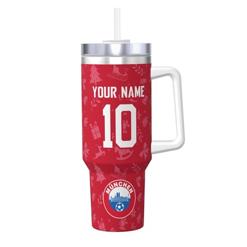 Generisch Bayern Thermobecher mit Namen & Nummer,Bayern Edelstahl Trinkflasche 1.2L(40 OZ) mit Strohhalm und Henkel - Thermosflasche BPA Frei - Geschenke Für Fußballfans,Weihnachtsgeschenke