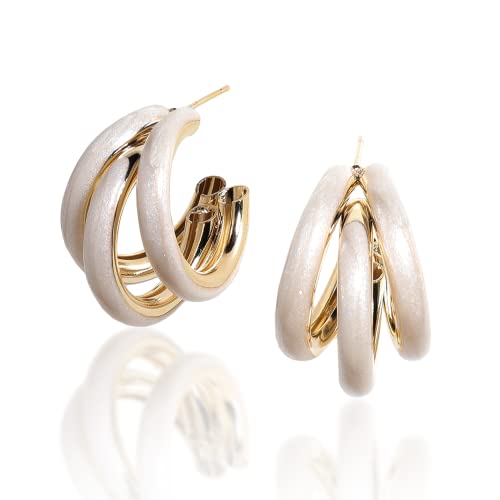 Sonateomber White Beige Enamel Chunky Open C Triple Hoop Statement Gold Stud Earrings For Women - Fashion Trendy Cute Large Big Split Summer Jewelry Gift #TOP9