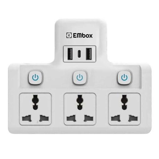 Image of EMBOX Multi Plug Socket with USB Type- C 2500W | Individual Switch-Cordless Extension Board with 3 Universal Sockets-Multiplug