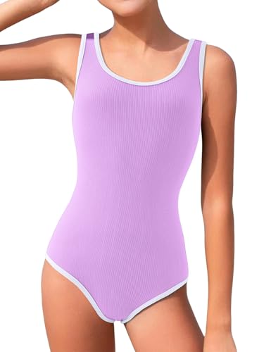 Girl's One Piece Swimsuit Sports Solid Bathing Suit Color Block Ribbed High Cut Swimsuits3