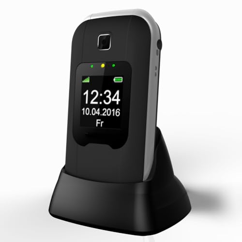 CNADS D330 2G Telefono Cellulare per anziani con doppio LCD display, base di ricarica, Torcia, Tasti Grandi, Funzione SOS, Volume Alto. Nero