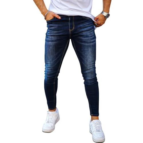 GINGTTO Skinny Jeans Men Stretch Tapered Leg Slim Fit Elastic Waist Dark Blue 36W x 30L