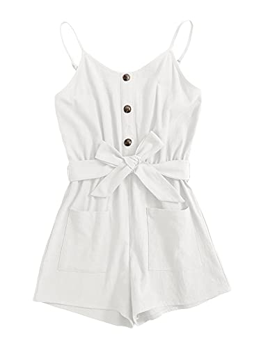 Gamisote Girls Romper Strappy Sleeveless Button Tie Front Jumpsuit With Pockets White #TOP6