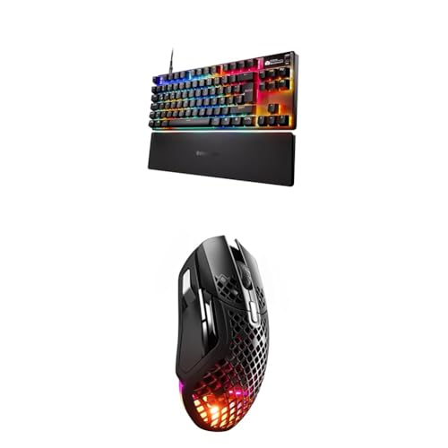 SteelSeries Bundle of Apex Pro TKL Gen 3 - Gaming Keyboard - Hall Effect Switches, OmniPoint 3.0 Aerox 5 Wireless RGB Gaming-Mouse mit Öffnungen in der Oberfläche