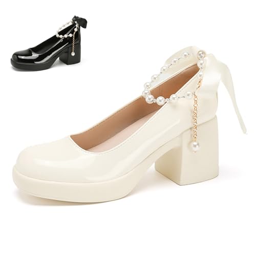 Women's Patent Leather Ribbon Bow Chunky Heel Pumps with Pearl Ankle Strap Fashion Round Toe Shallow Mouth High Block Heels Comfortable Casual Business Wedding Dress Shoes - Main Image
