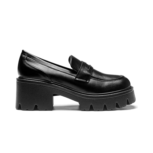 Image of Black Penny Loafers for Women - Women's Slip-On Platform Patent Leather Loafers, Chunky Comfort Shoes for Work & Dressy Occasions