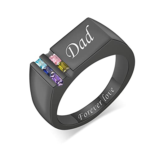 Bauma Auto Personalized Birthstone Ring For Dad Customized Mens Engraving Family Ring 925 Sterling Silver Fathers Day Jewelry Gift For Husband Papa (5 Stones) #TOP5