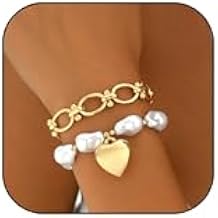 Baroque Pearl Heart Bracelet for Women Chunky Gold Heart Pearl Statement Bracelet Valentine's Day Jewelry Gifts