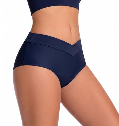 COCOPEAR V Cut Mid Rise Bikini Bottoms for Women Cross Front Bathing Suit Bottoms for Women Navy Blue 2XL — view 2