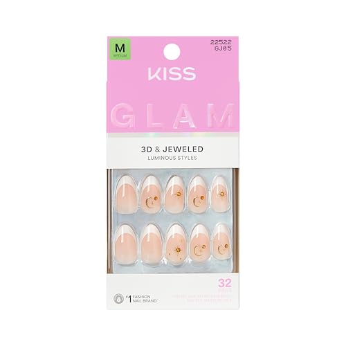 Kiss Glam, Press On Nails, Nail glue included, 'Zephyr', White, Medium Size, Almond Shape, Includes 32 Nails, 2g Glue, 1 Manicure Stick, 1 Mini File