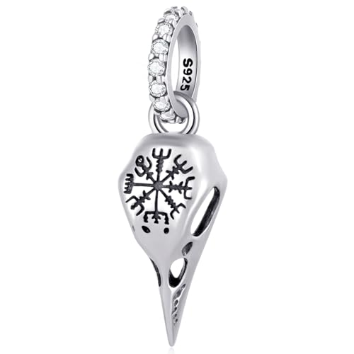 Casco de Awe cuervo cráneo colgante encantos ajuste Pandora pulsera amuleto, 925 plata de ley cuervo esqueleto gótico con cuentas de runa de la brújula vikinga, regalo para 'la ira de Odín' Halloween