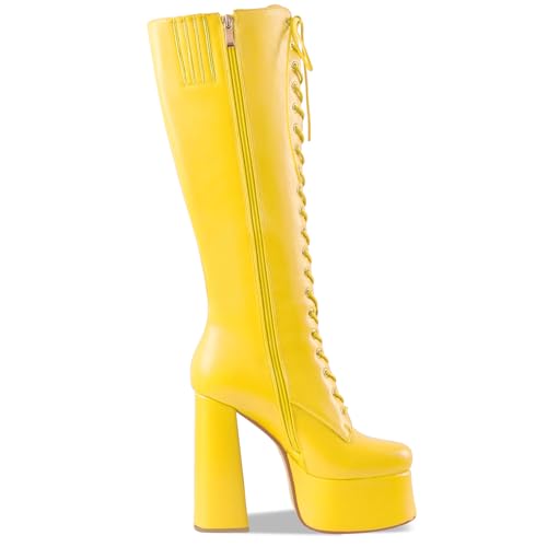 Women's High Chunky Heel Platform Knee High Boots Fashion Leather Lace Up Heeled Long Boots Wide Calf4